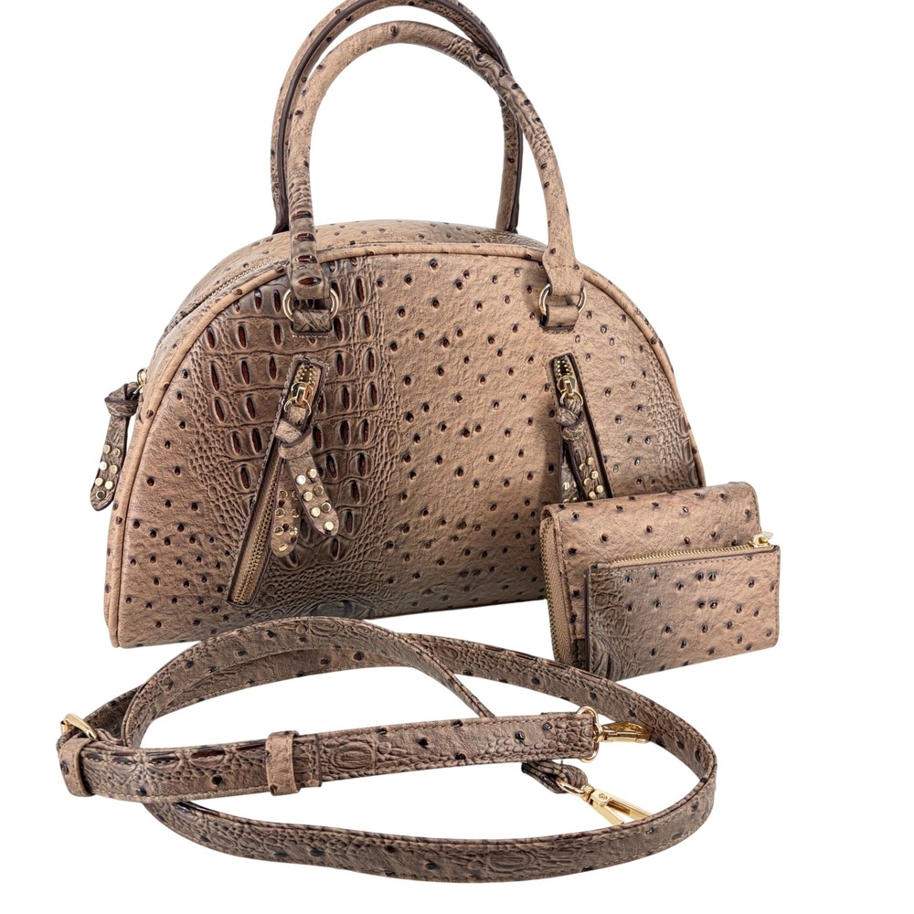Cato Satchel Bag Matching Wallet Set Ostrich Croc Embossed Brown Western Large